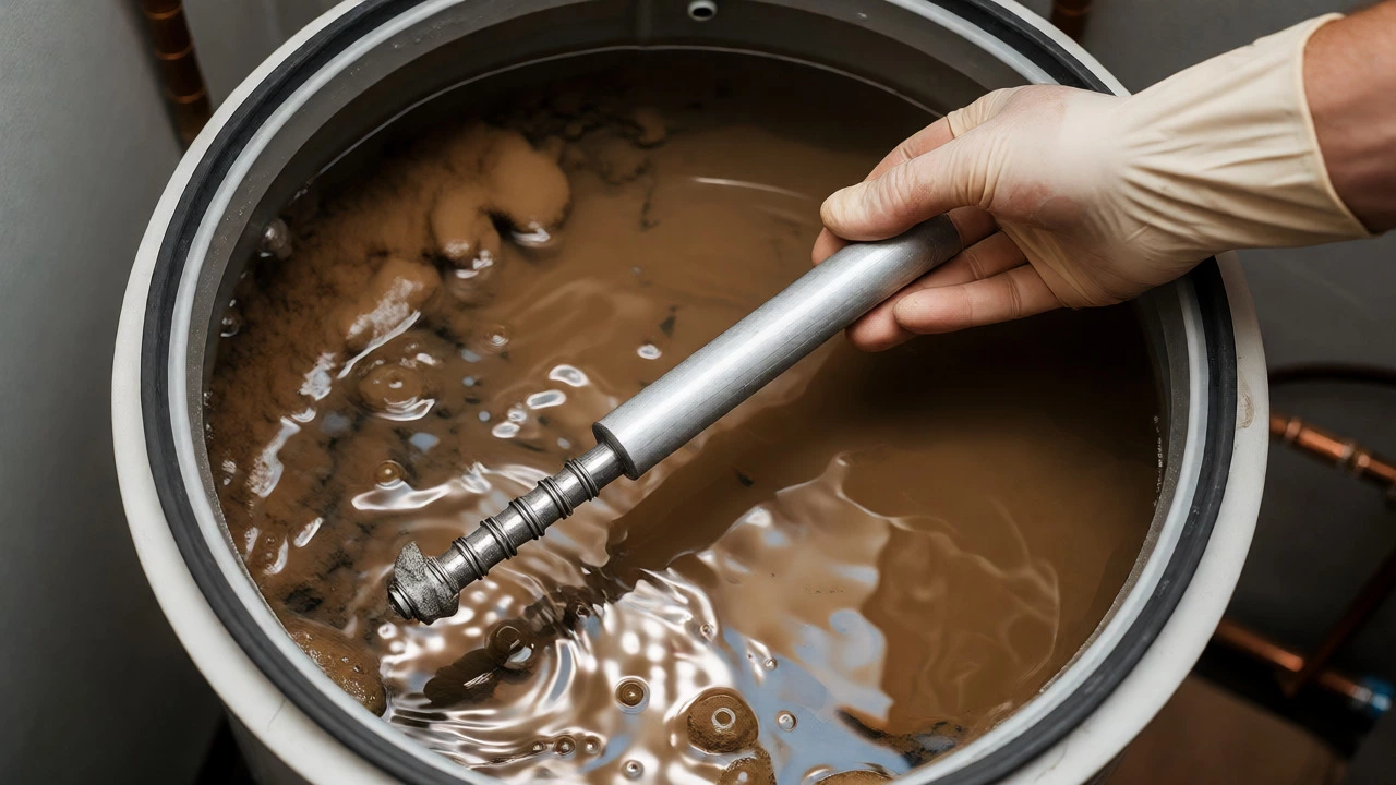 Hand holding a new anode rod over a dirty water heater tank interior filled with sediment and murky water.