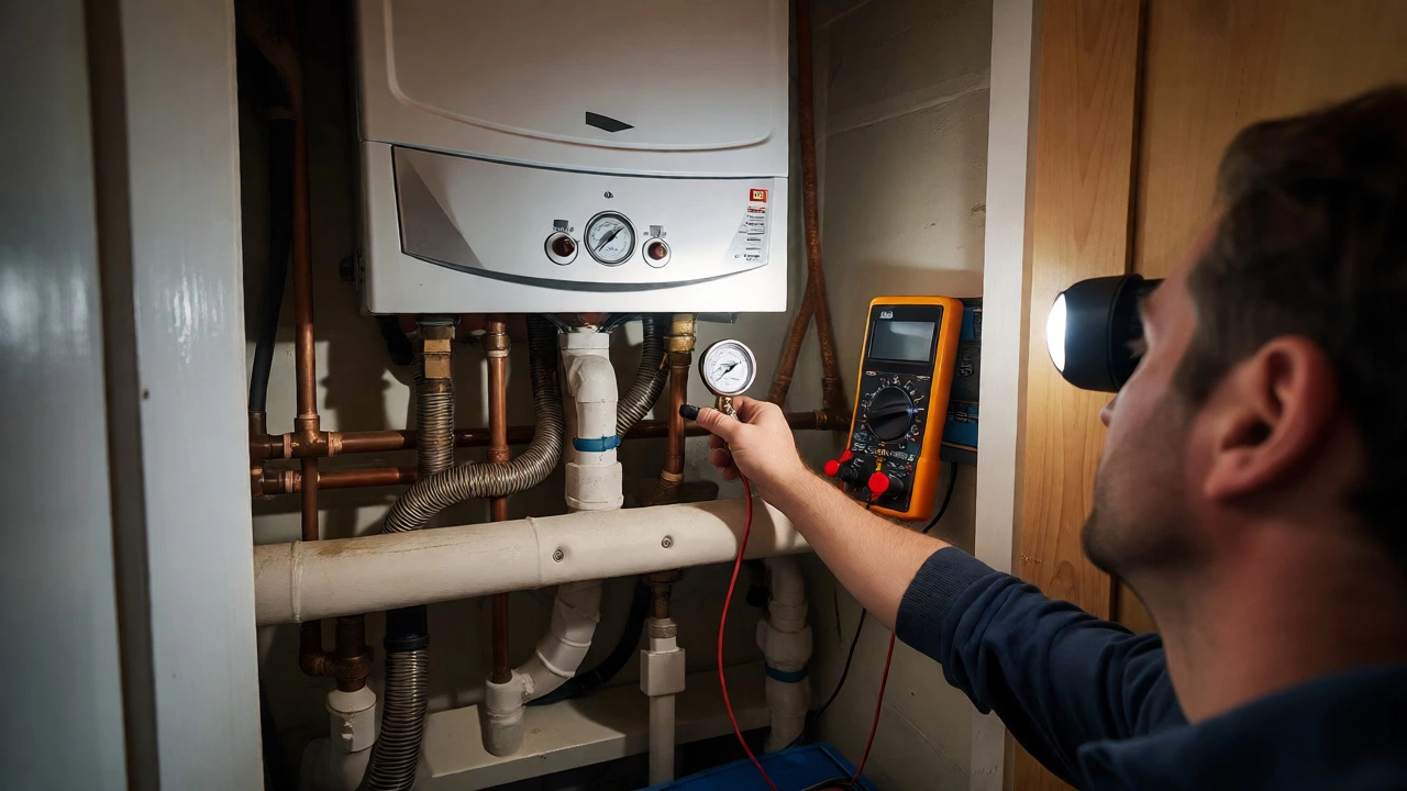 Homeowner checking boiler pressure and electrical connections