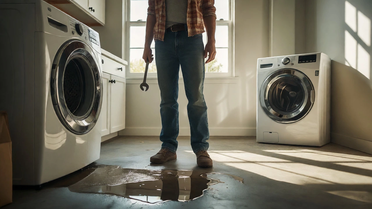 Homeowner deciding whether to repair a leaking old washer or buy a new one.