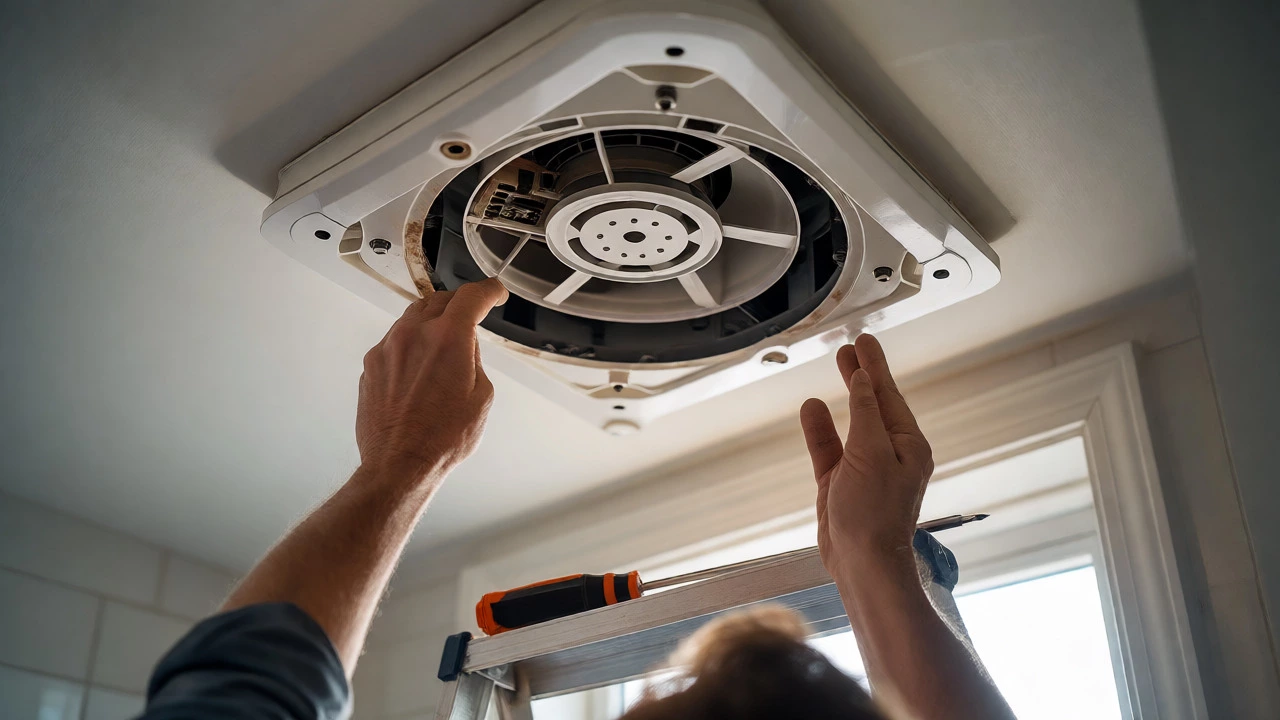 Homeowner removing the cover of a ceiling bathroom fan for cleaning