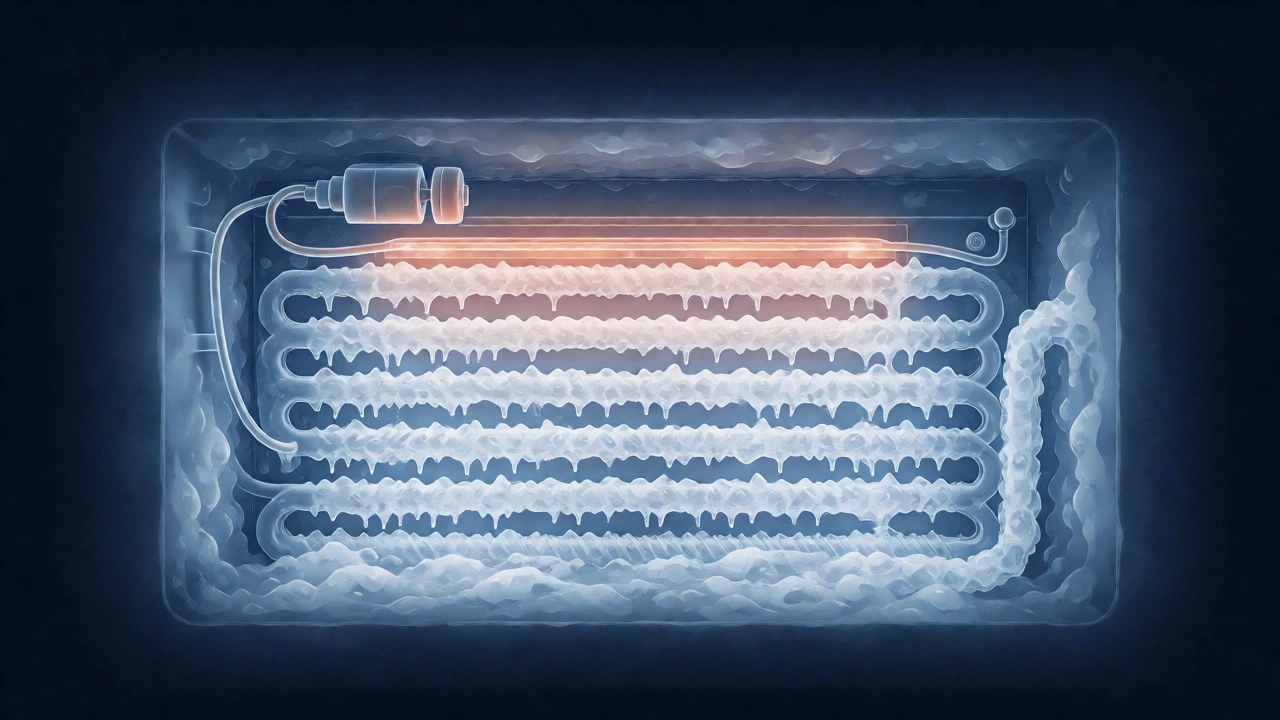 Illustration of frozen evaporator coils and defrost heater