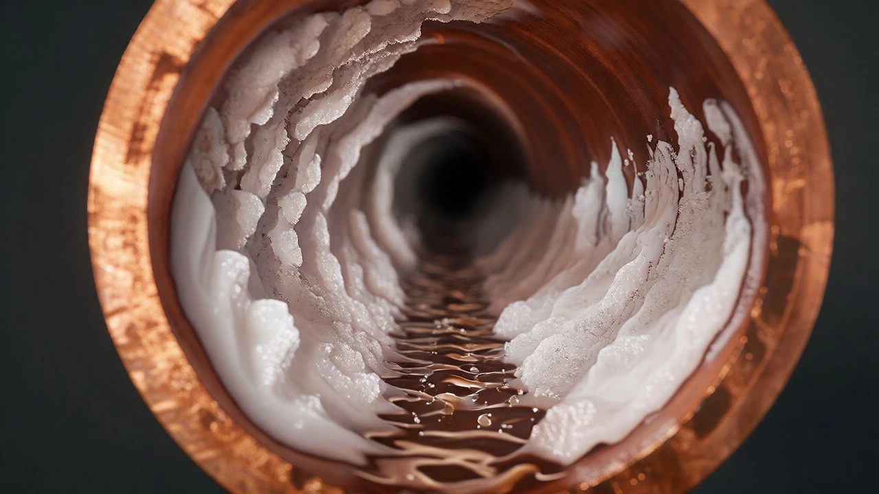 Macro view of limescale buildup narrowing a copper water pipe