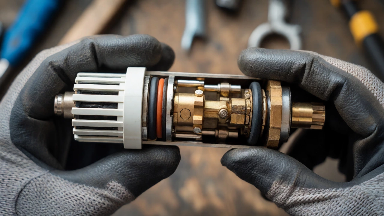 Plumber holding a disassembled thermostatic mixing valve cartridge