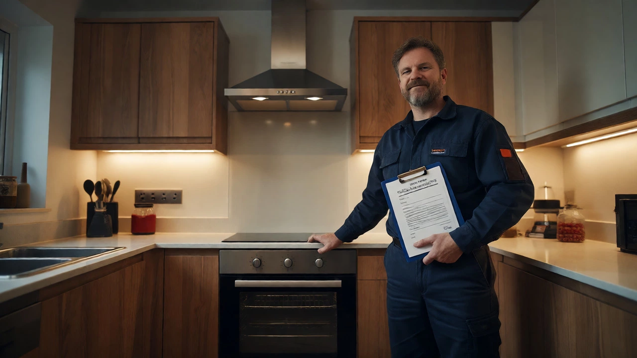 Professional electrician with certificate beside installed oven