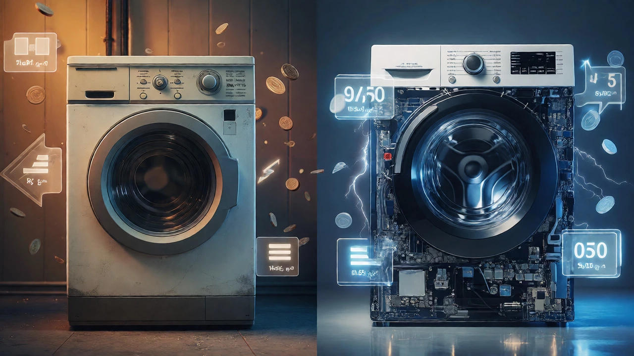 Split view comparing a sturdy vintage washer with a complex modern front-loader.