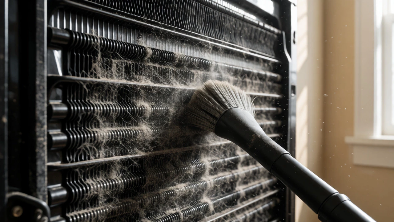 Vacuum cleaning dust from refrigerator condenser coils