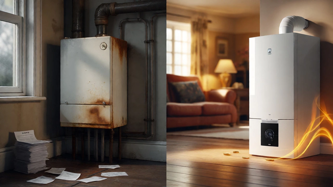 Visual comparison of repairing an old boiler versus replacing it